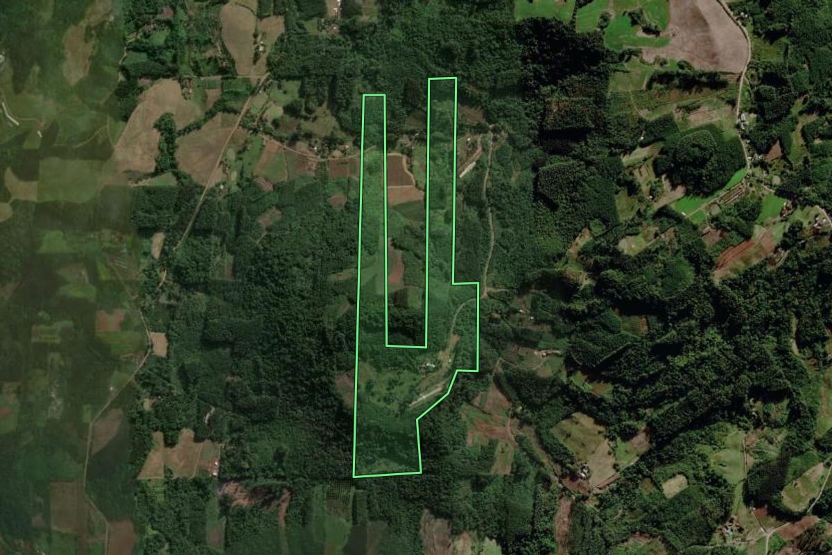 Imagem de satélite do imóvel rural em Brochier (RS), com o contorno declarado no CAR desenhado por cima.
