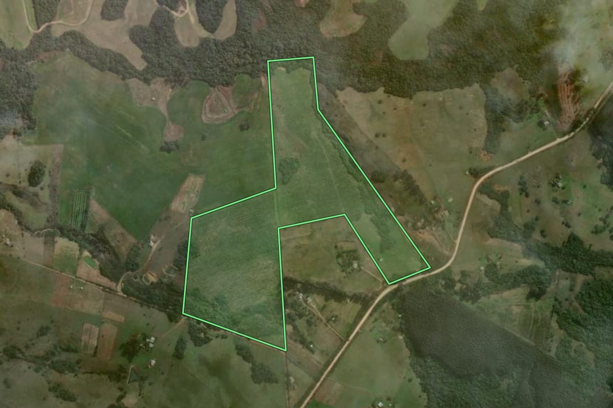 Imagem de satélite do imóvel rural em Butiá (RS), com o contorno declarado no CAR desenhado por cima.