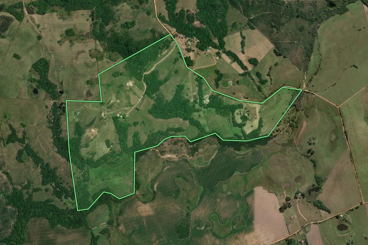 Imagem de satélite do imóvel rural em Butiá (RS), com o contorno declarado no CAR desenhado por cima.