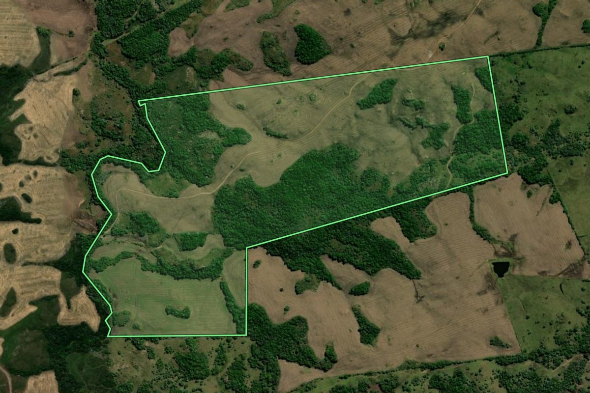 Imagem de satélite do imóvel rural em Caçapava do Sul (RS), com o contorno declarado no CAR desenhado por cima.
