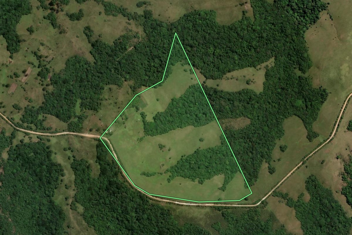 Imagem de satélite do imóvel rural em Caçapava do Sul (RS), com o contorno declarado no CAR desenhado por cima.