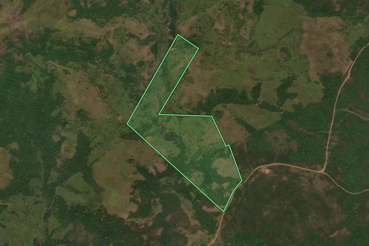 Imagem de satélite do imóvel rural em Caçapava do Sul (RS), com o contorno declarado no CAR desenhado por cima.