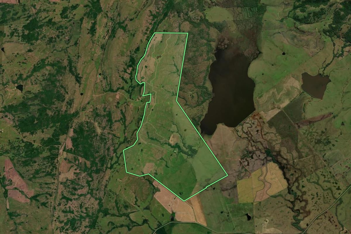 Imagem de satélite do imóvel rural em Caçapava do Sul (RS), com o contorno declarado no CAR desenhado por cima.