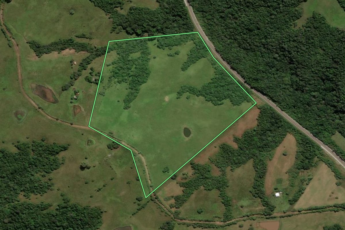 Imagem de satélite do imóvel rural em Caçapava do Sul (RS), com o contorno declarado no CAR desenhado por cima.