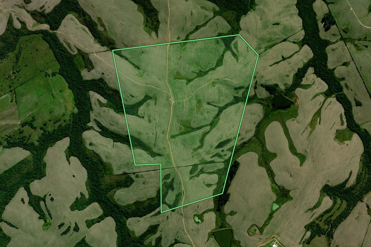 Imagem de satélite do imóvel rural em Caçapava do Sul (RS), com o contorno declarado no CAR desenhado por cima.