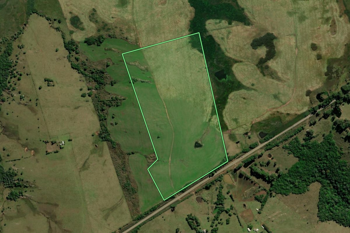 Imagem de satélite do imóvel rural em Caçapava do Sul (RS), com o contorno declarado no CAR desenhado por cima.