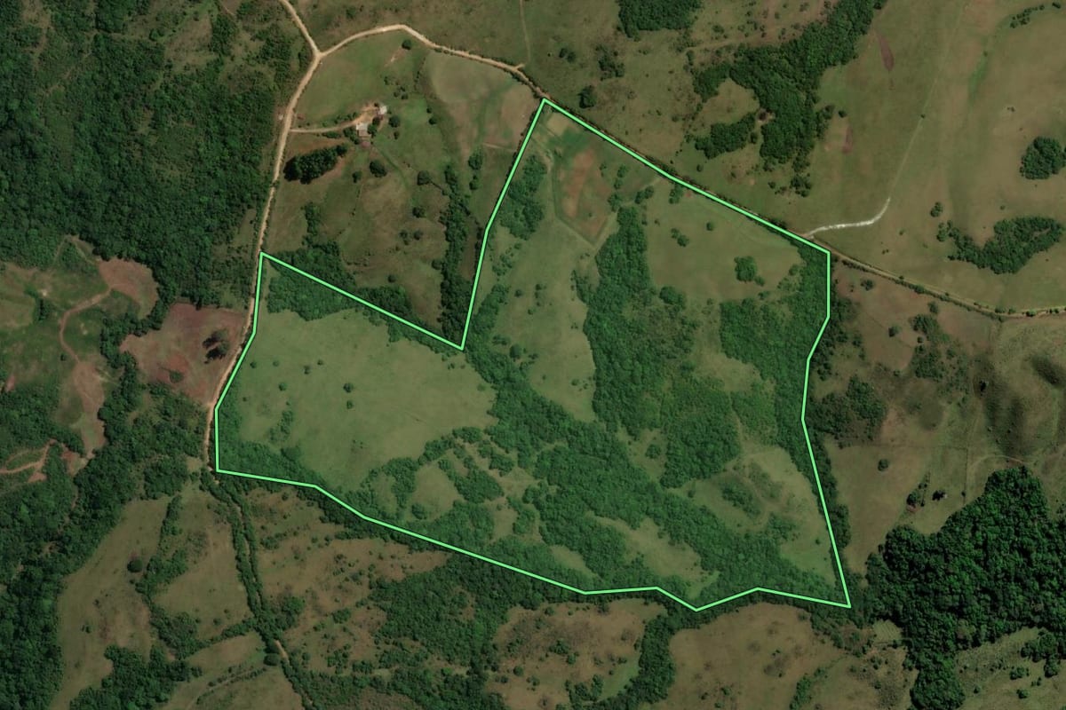 Imagem de satélite do imóvel rural em Caçapava do Sul (RS), com o contorno declarado no CAR desenhado por cima.