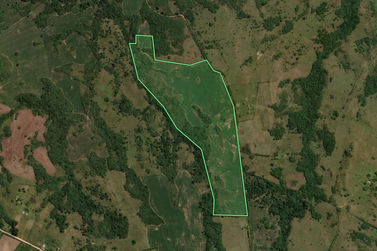 Imagem de satélite do imóvel rural em Caçapava do Sul (RS), com o contorno declarado no CAR desenhado por cima.