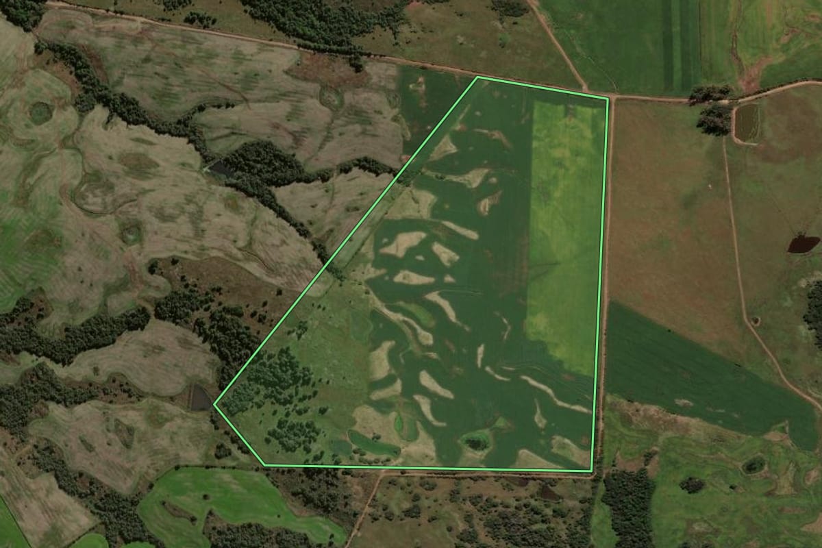 Imagem de satélite do imóvel rural em Caçapava do Sul (RS), com o contorno declarado no CAR desenhado por cima.
