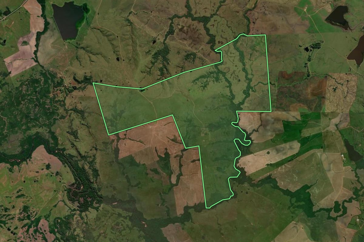 Imagem de satélite do imóvel rural em Caçapava do Sul (RS), com o contorno declarado no CAR desenhado por cima.