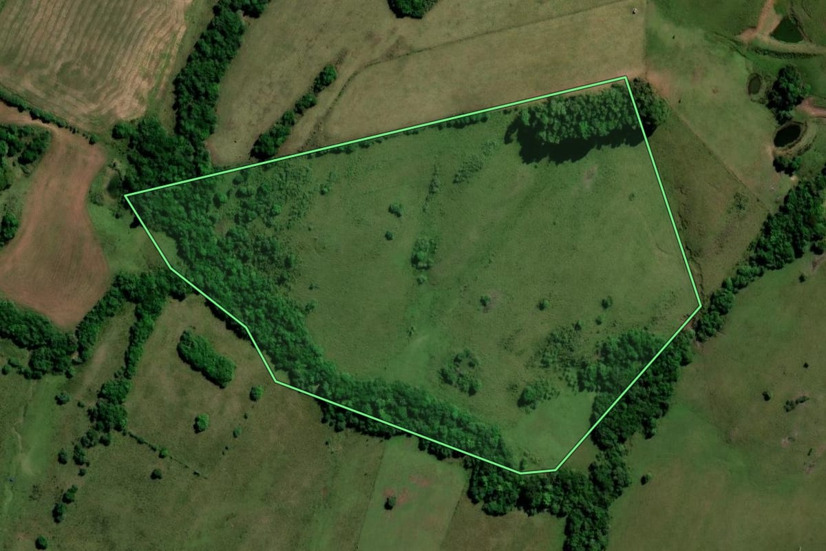 Imagem de satélite do imóvel rural em Caçapava do Sul (RS), com o contorno declarado no CAR desenhado por cima.