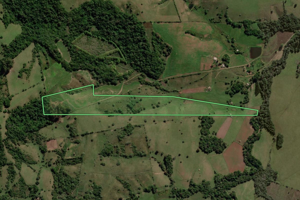Imagem de satélite do imóvel rural em Caçapava do Sul (RS), com o contorno declarado no CAR desenhado por cima.