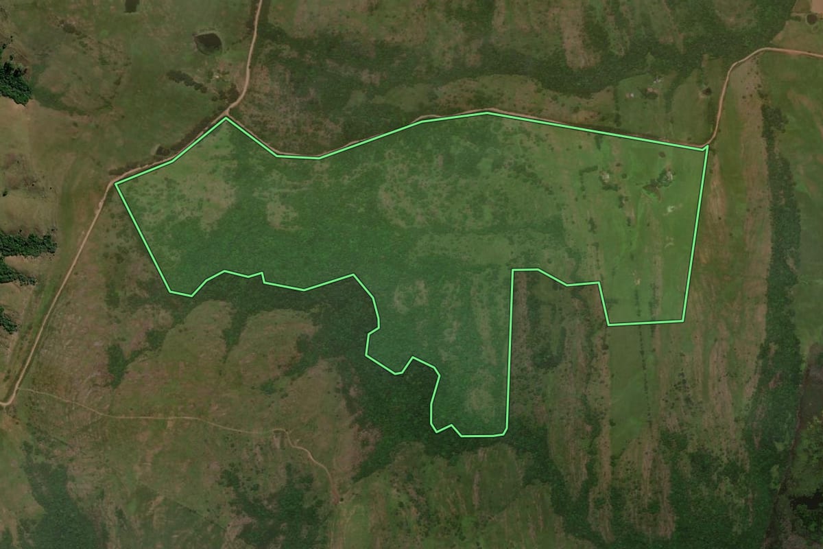 Imagem de satélite do imóvel rural em Caçapava do Sul (RS), com o contorno declarado no CAR desenhado por cima.