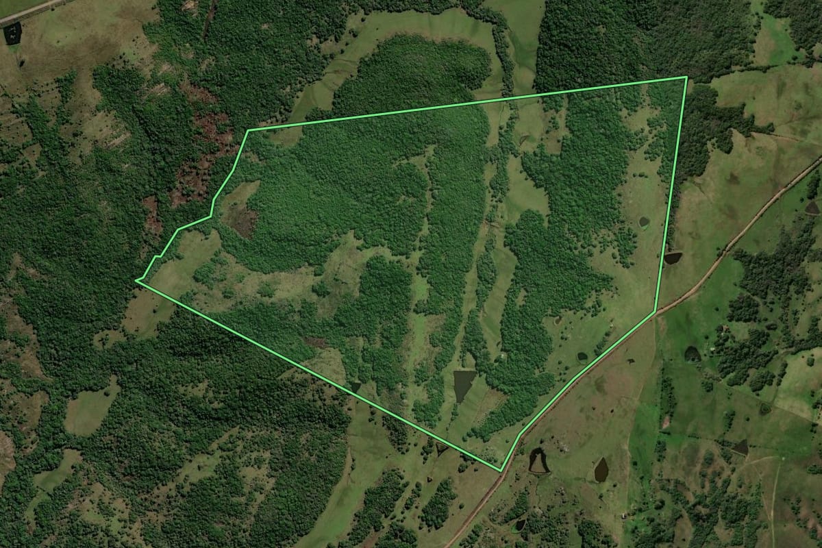Imagem de satélite do imóvel rural em Caçapava do Sul (RS), com o contorno declarado no CAR desenhado por cima.