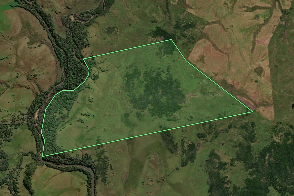 Imagem de satélite do imóvel rural em Caçapava do Sul (RS), com o contorno declarado no CAR desenhado por cima.