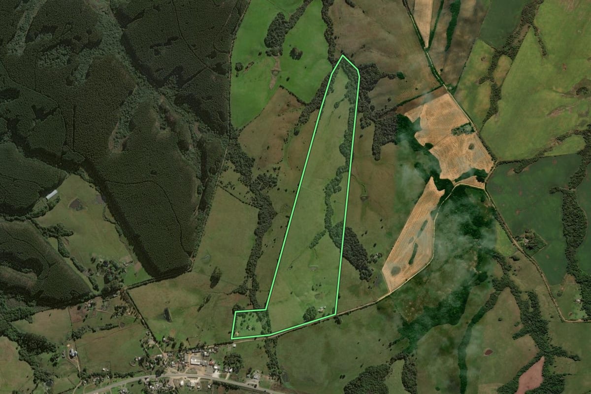 Imagem de satélite do imóvel rural em Caçapava do Sul (RS), com o contorno declarado no CAR desenhado por cima.