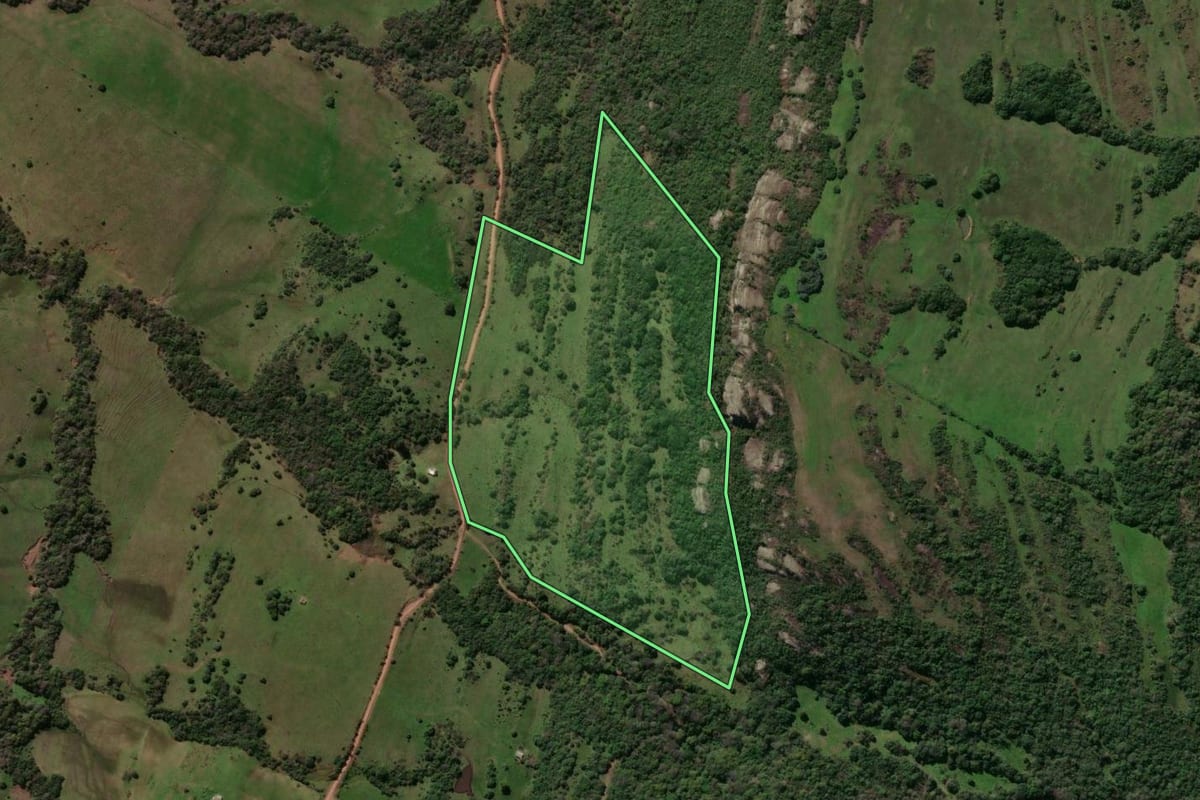 Imagem de satélite do imóvel rural em Caçapava do Sul (RS), com o contorno declarado no CAR desenhado por cima.