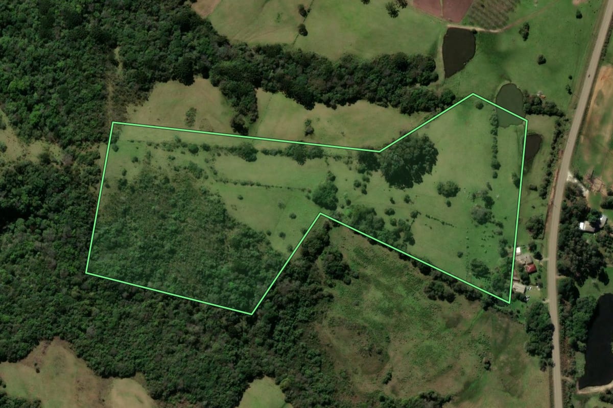 Imagem de satélite do imóvel rural em Caçapava do Sul (RS), com o contorno declarado no CAR desenhado por cima.