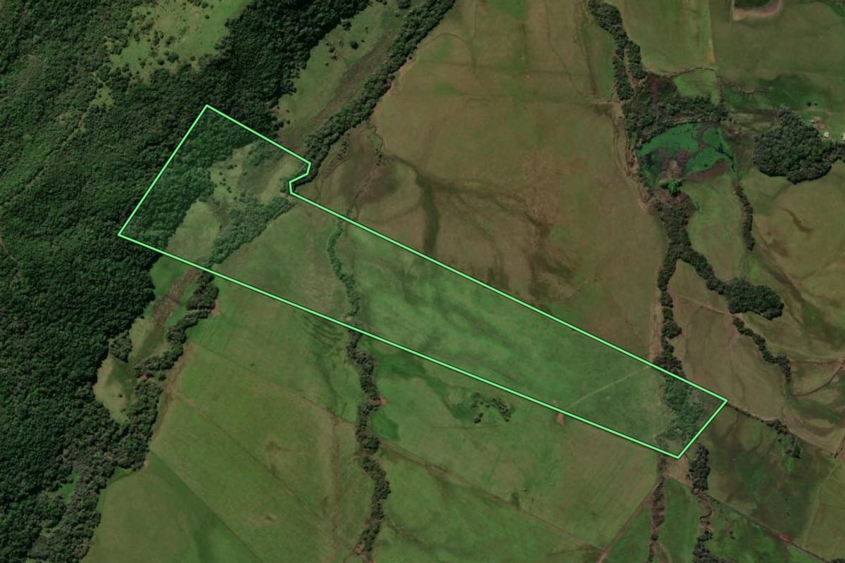 Imagem de satélite do imóvel rural em Caçapava do Sul (RS), com o contorno declarado no CAR desenhado por cima.
