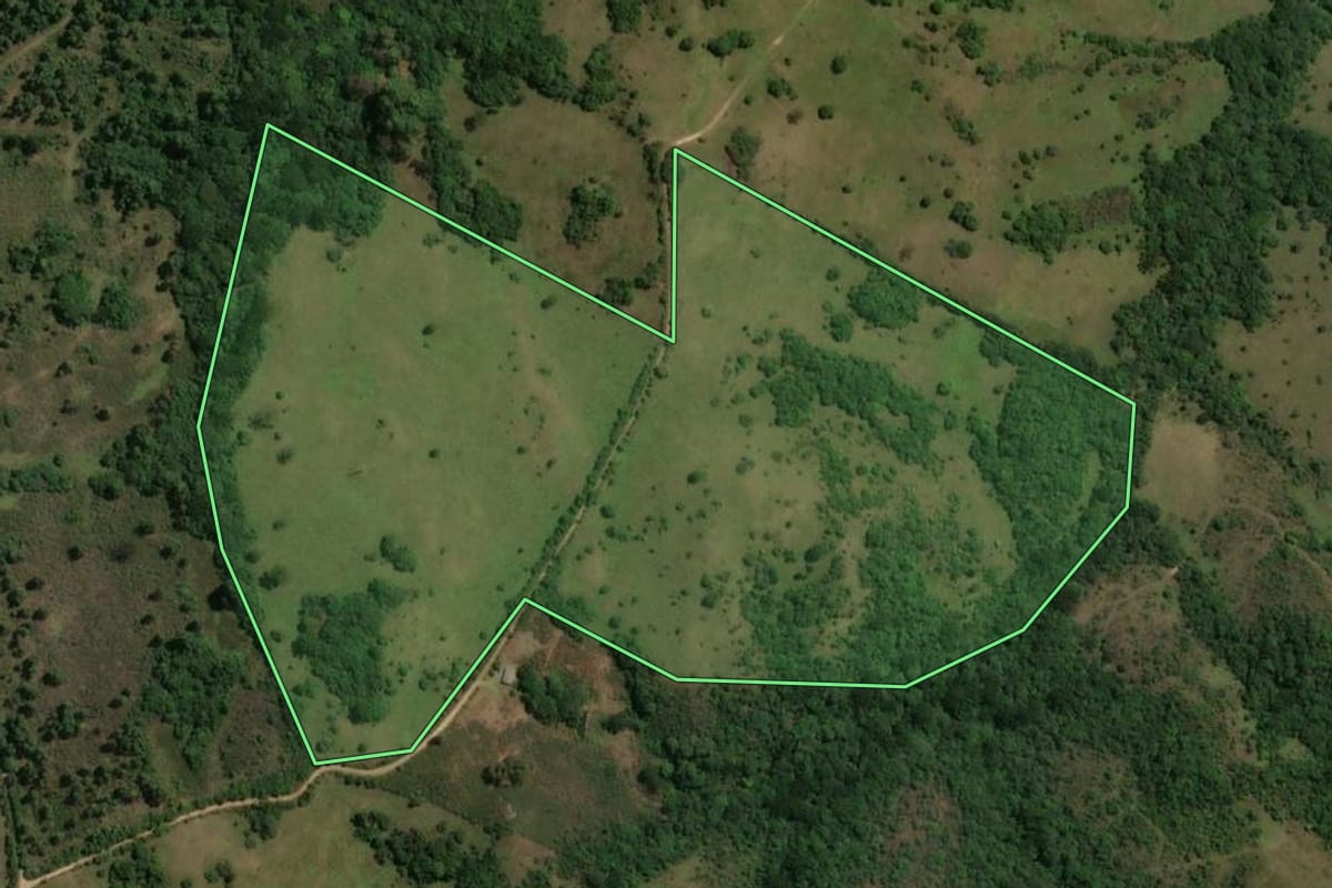 Imagem de satélite do imóvel rural em Caçapava do Sul (RS), com o contorno declarado no CAR desenhado por cima.
