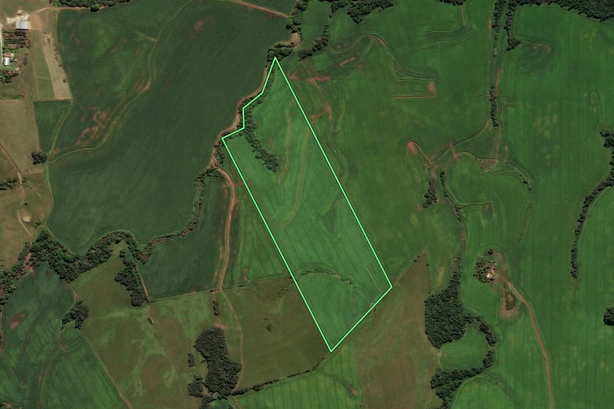 Imagem de satélite do imóvel rural em Caçapava do Sul (RS), com o contorno declarado no CAR desenhado por cima.