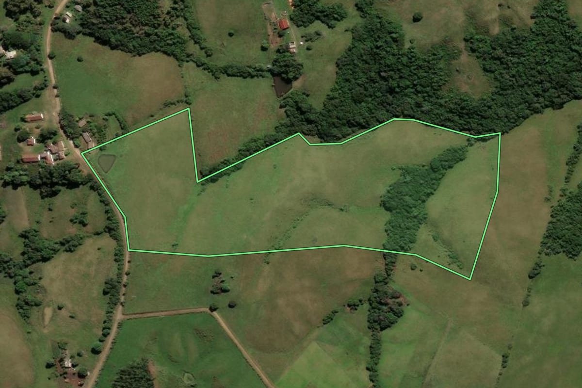 Imagem de satélite do imóvel rural em Caçapava do Sul (RS), com o contorno declarado no CAR desenhado por cima.