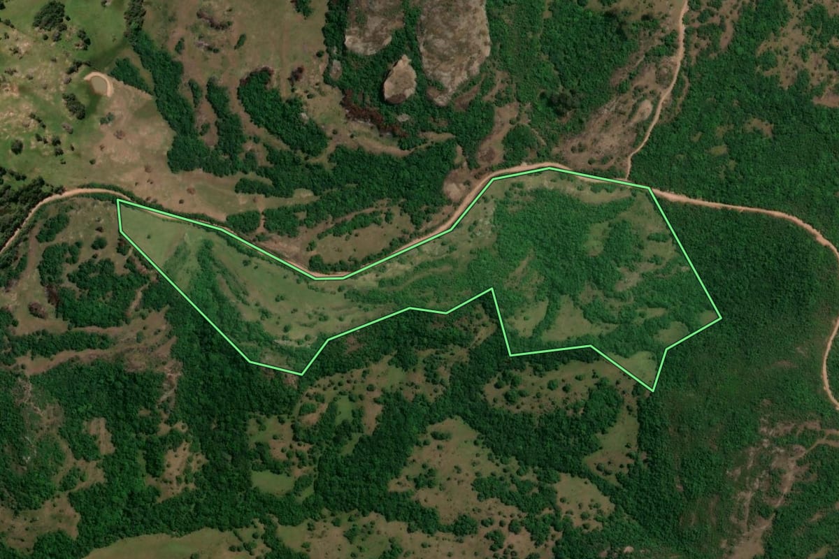 Imagem de satélite do imóvel rural em Caçapava do Sul (RS), com o contorno declarado no CAR desenhado por cima.