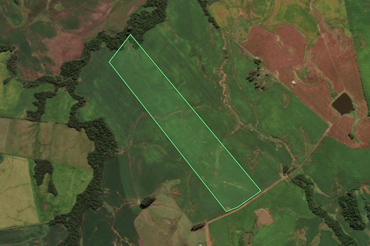 Imagem de satélite do imóvel rural em Caçapava do Sul (RS), com o contorno declarado no CAR desenhado por cima.