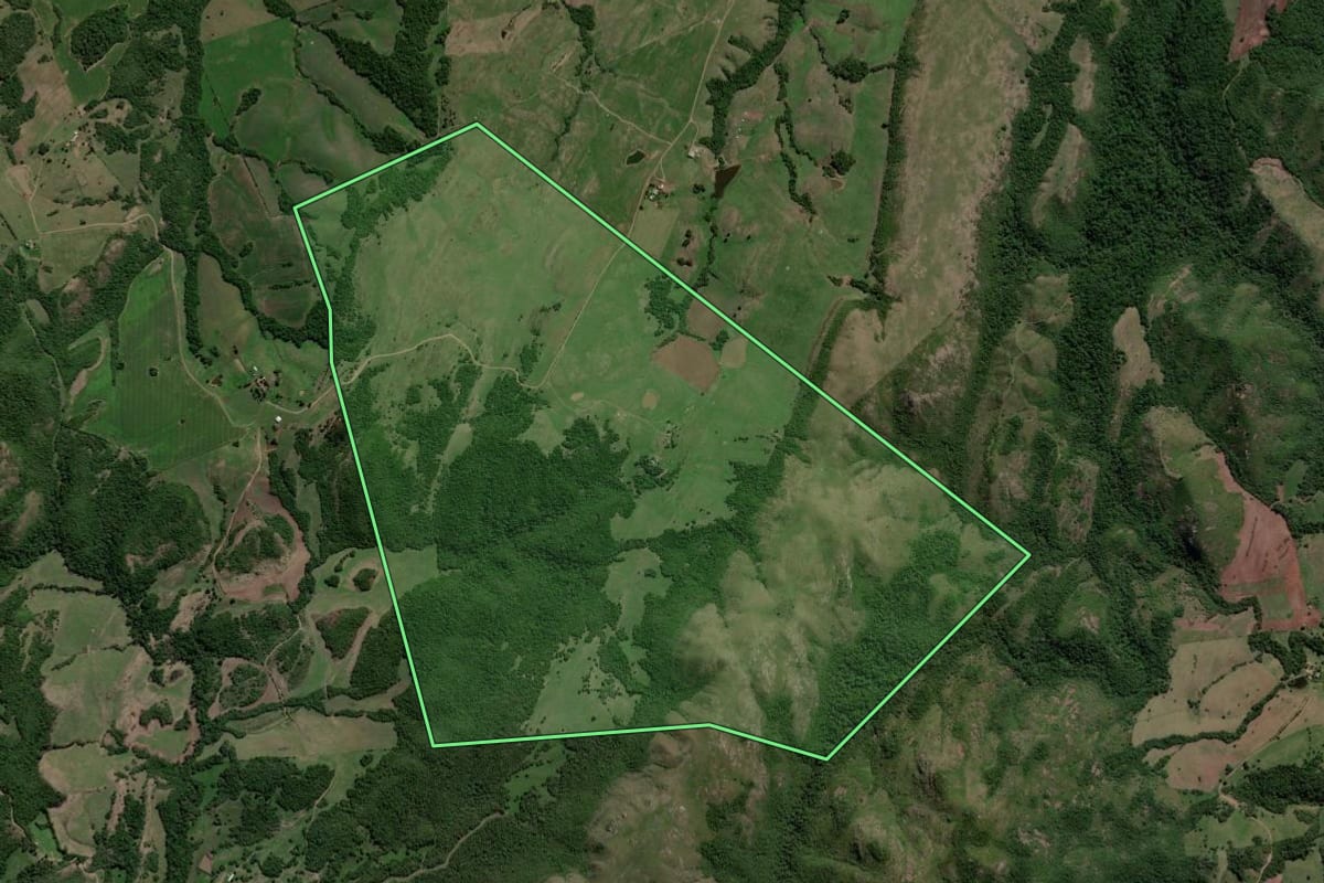 Imagem de satélite do imóvel rural em Caçapava do Sul (RS), com o contorno declarado no CAR desenhado por cima.