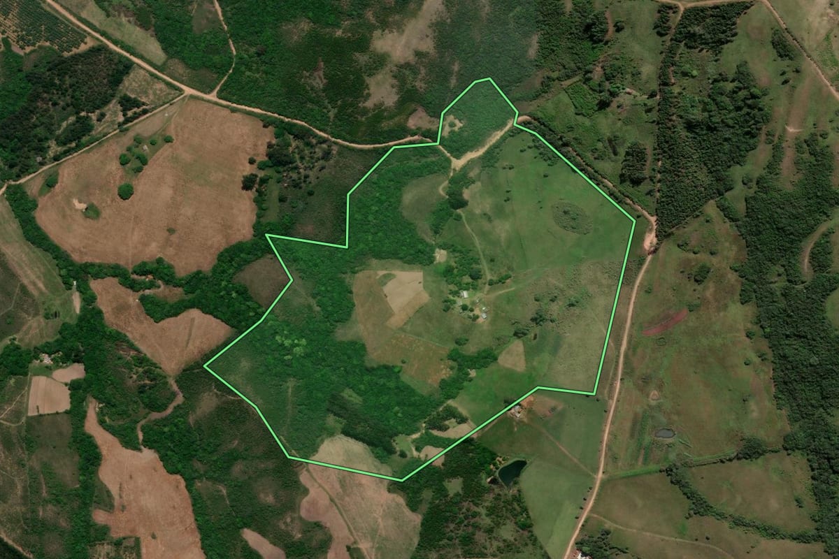 Imagem de satélite do imóvel rural em Caçapava do Sul (RS), com o contorno declarado no CAR desenhado por cima.