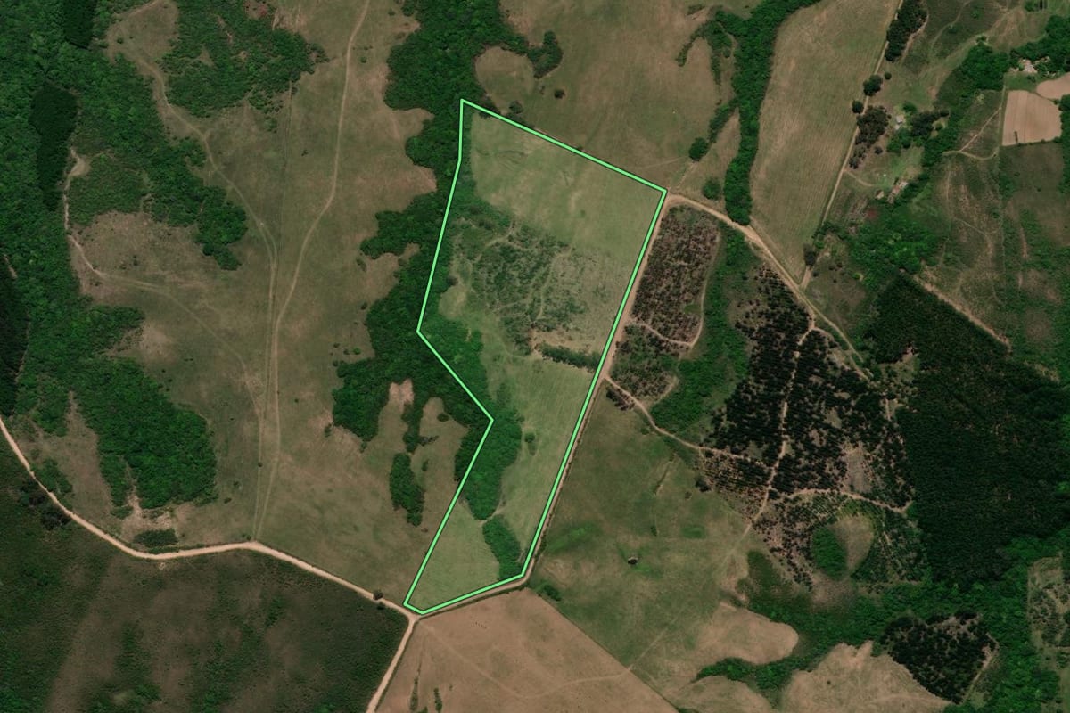 Imagem de satélite do imóvel rural em Caçapava do Sul (RS), com o contorno declarado no CAR desenhado por cima.