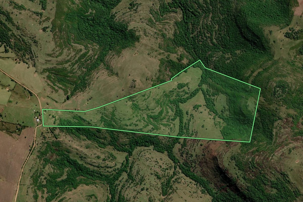 Imagem de satélite do imóvel rural em Caçapava do Sul (RS), com o contorno declarado no CAR desenhado por cima.