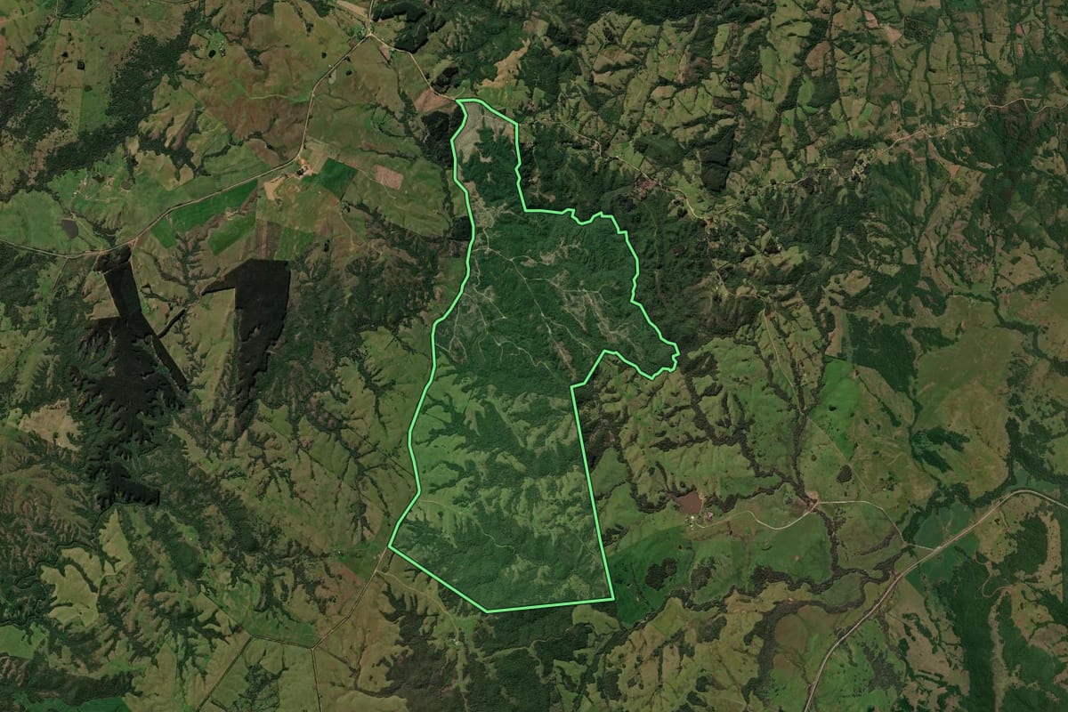 Imagem de satélite do imóvel rural em Caçapava do Sul (RS), com o contorno declarado no CAR desenhado por cima.