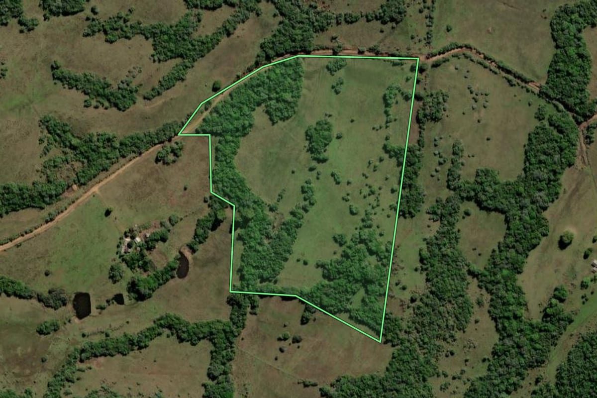 Imagem de satélite do imóvel rural em Caçapava do Sul (RS), com o contorno declarado no CAR desenhado por cima.