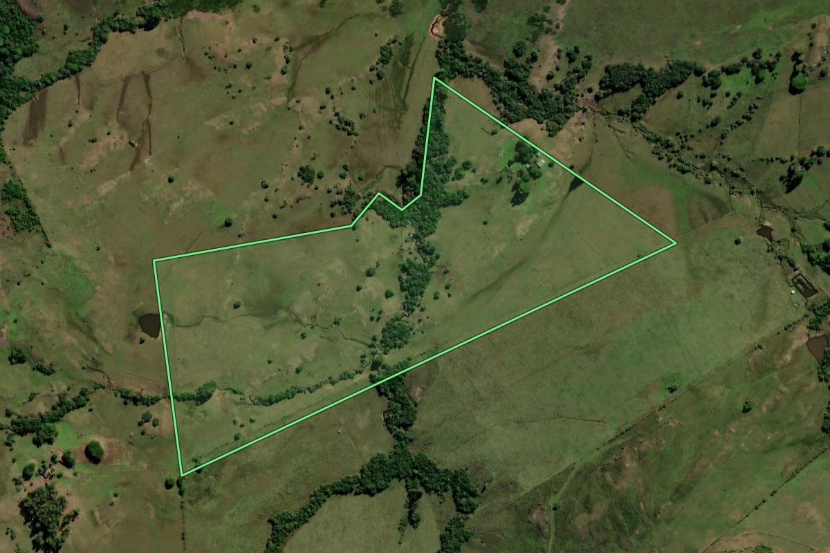 Imagem de satélite do imóvel rural em Caçapava do Sul (RS), com o contorno declarado no CAR desenhado por cima.
