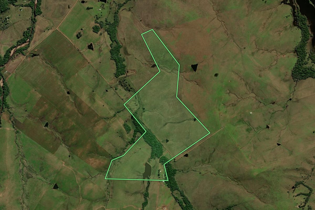 Imagem de satélite do imóvel rural em Caçapava do Sul (RS), com o contorno declarado no CAR desenhado por cima.
