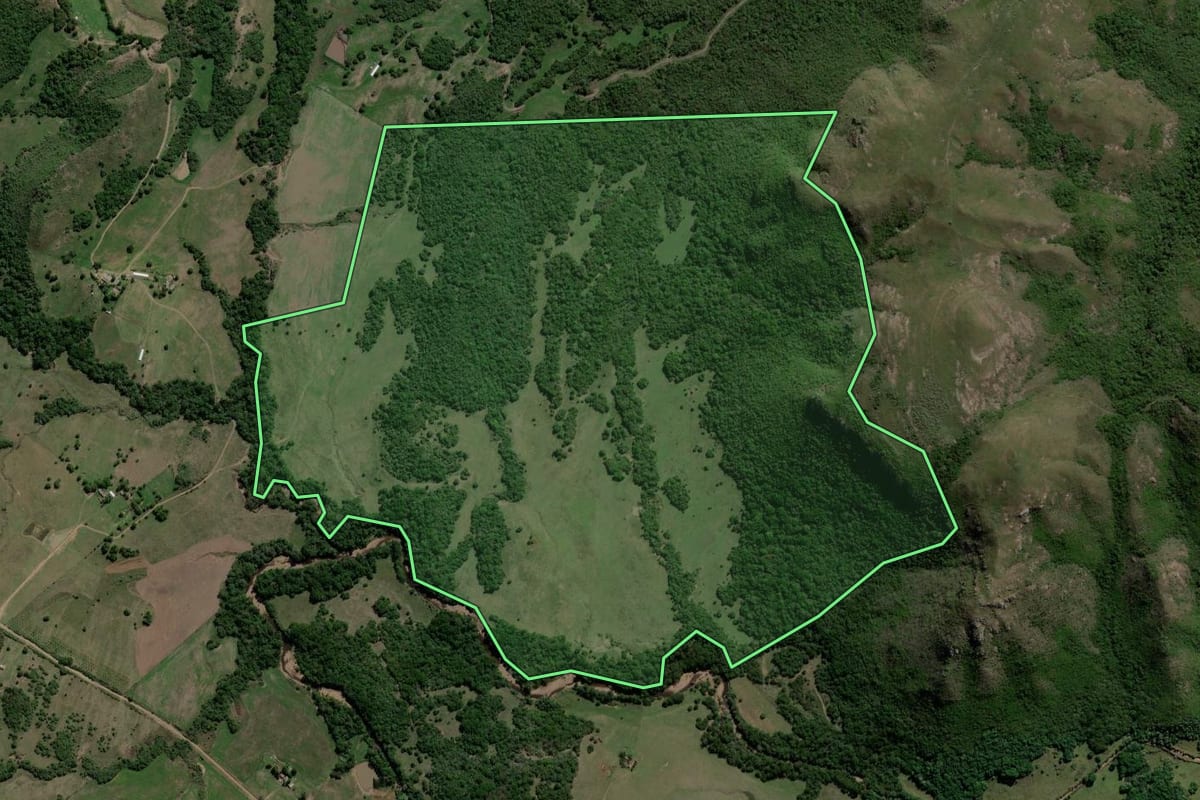 Imagem de satélite do imóvel rural em Caçapava do Sul (RS), com o contorno declarado no CAR desenhado por cima.
