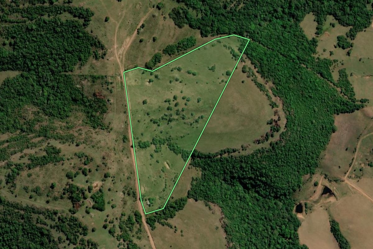 Imagem de satélite do imóvel rural em Caçapava do Sul (RS), com o contorno declarado no CAR desenhado por cima.