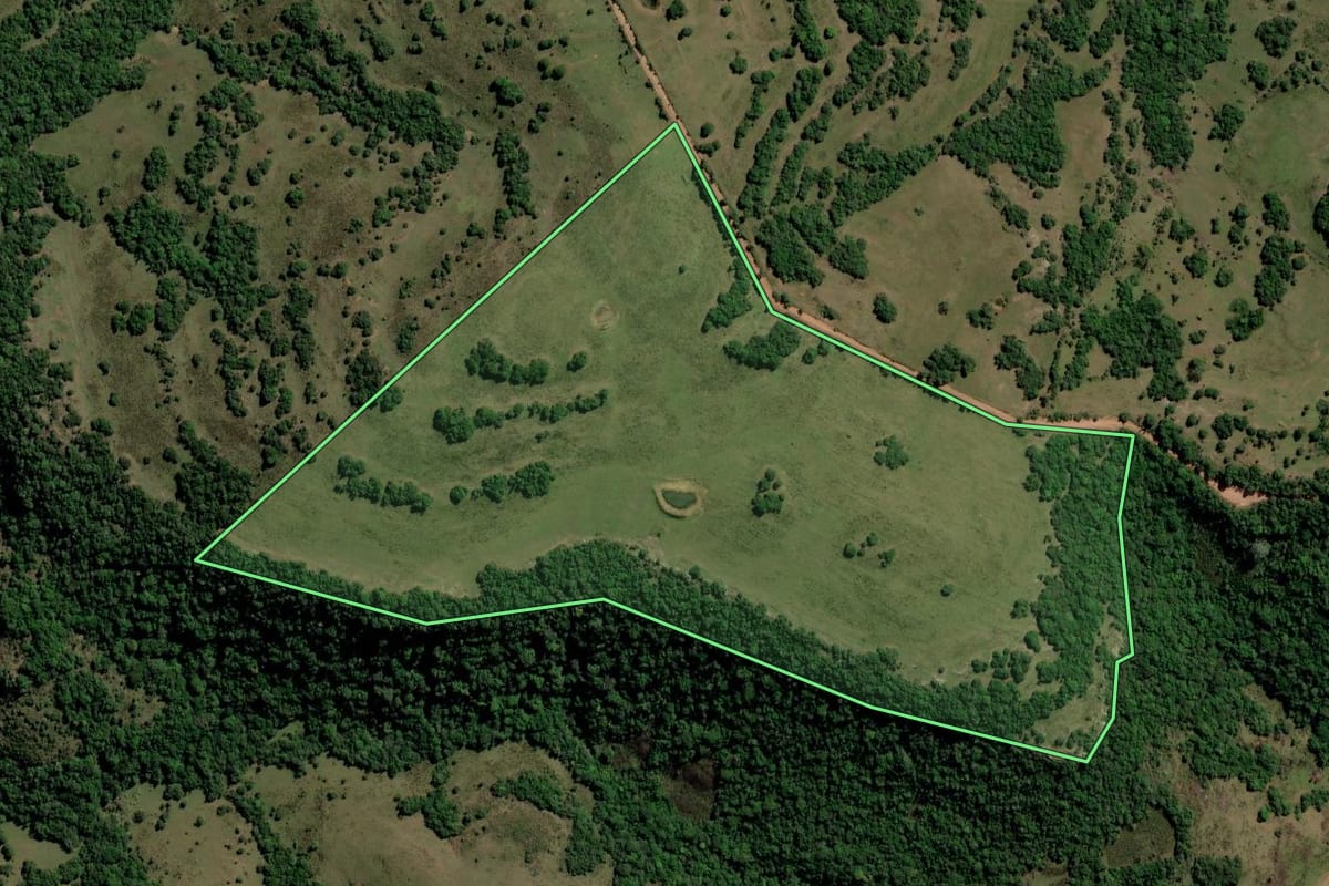 Imagem de satélite do imóvel rural em Caçapava do Sul (RS), com o contorno declarado no CAR desenhado por cima.