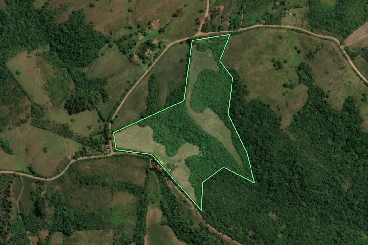 Imagem de satélite do imóvel rural em Caçapava do Sul (RS), com o contorno declarado no CAR desenhado por cima.
