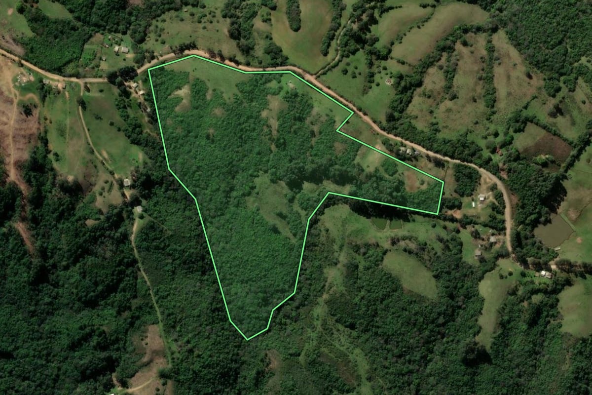 Imagem de satélite do imóvel rural em Caçapava do Sul (RS), com o contorno declarado no CAR desenhado por cima.