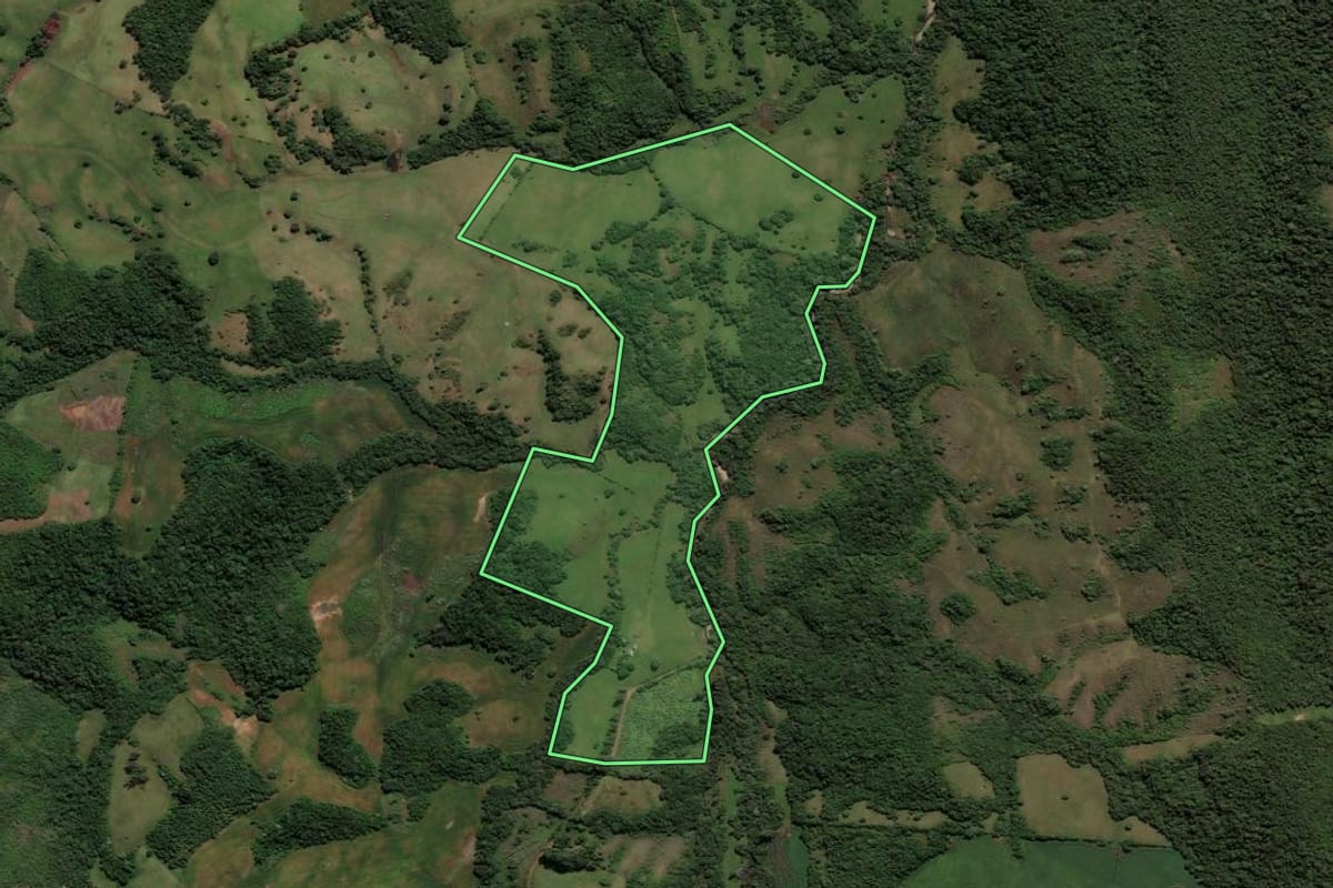 Imagem de satélite do imóvel rural em Caçapava do Sul (RS), com o contorno declarado no CAR desenhado por cima.