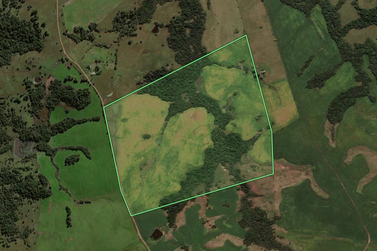 Imagem de satélite do imóvel rural em Caçapava do Sul (RS), com o contorno declarado no CAR desenhado por cima.