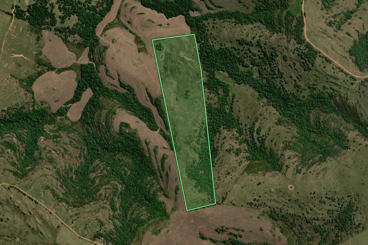 Imagem de satélite do imóvel rural em Caçapava do Sul (RS), com o contorno declarado no CAR desenhado por cima.