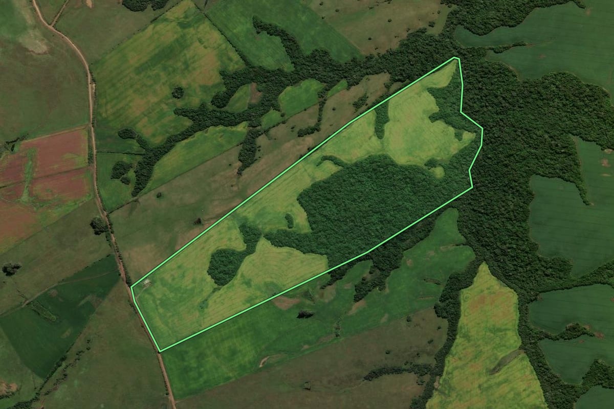 Imagem de satélite do imóvel rural em Caçapava do Sul (RS), com o contorno declarado no CAR desenhado por cima.