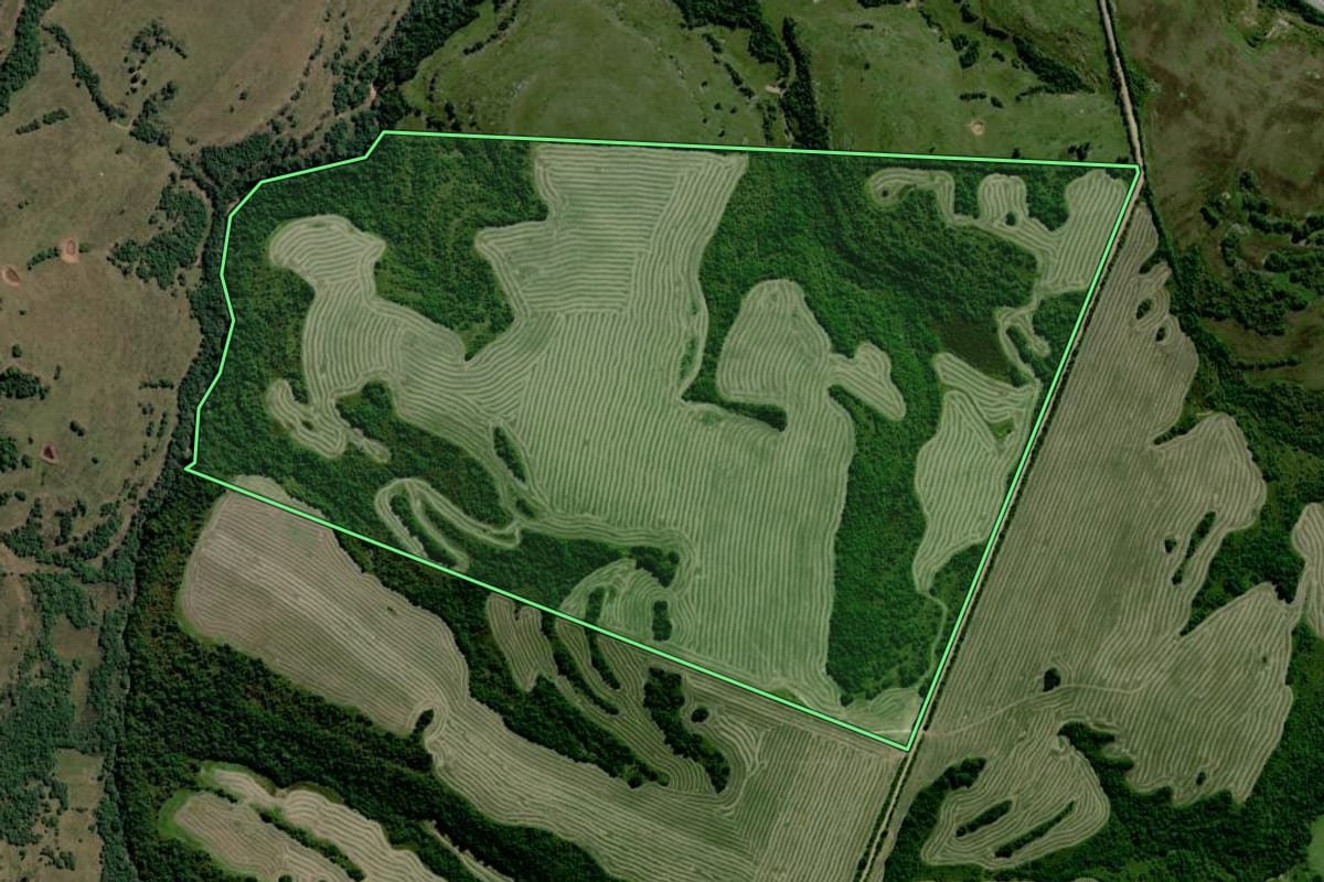 Imagem de satélite do imóvel rural em Caçapava do Sul (RS), com o contorno declarado no CAR desenhado por cima.