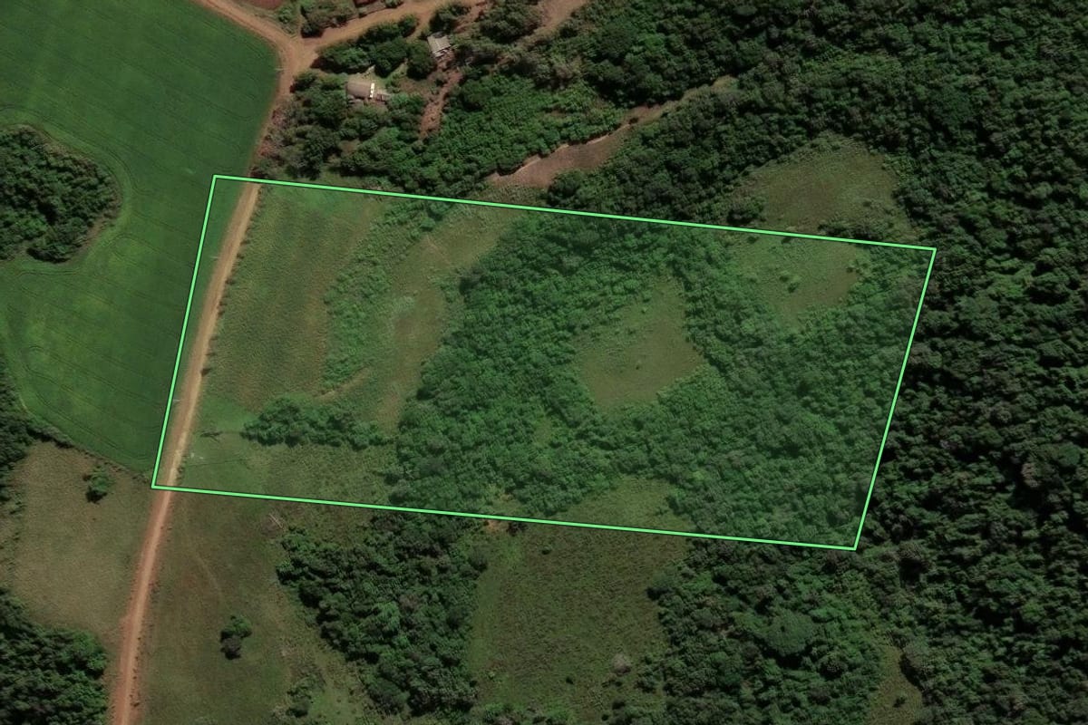 Imagem de satélite do imóvel rural em Caçapava do Sul (RS), com o contorno declarado no CAR desenhado por cima.