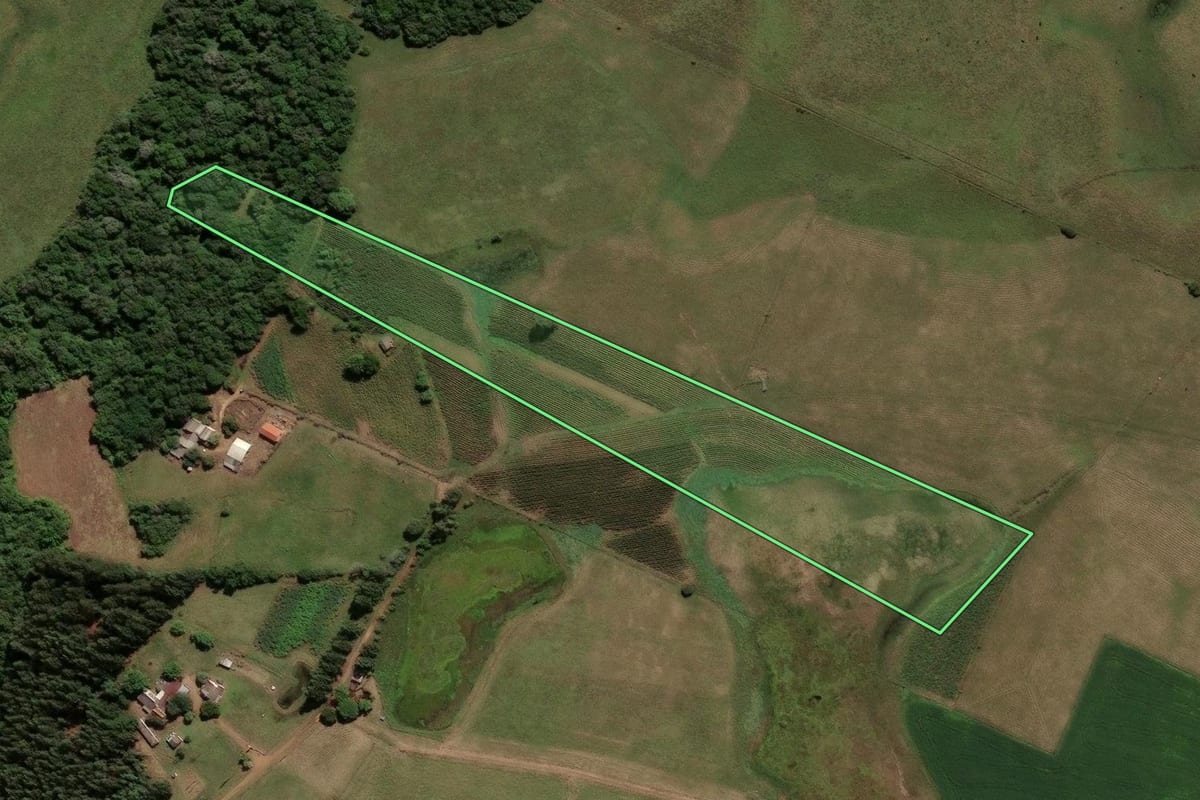 Imagem de satélite do imóvel rural em Caçapava do Sul (RS), com o contorno declarado no CAR desenhado por cima.
