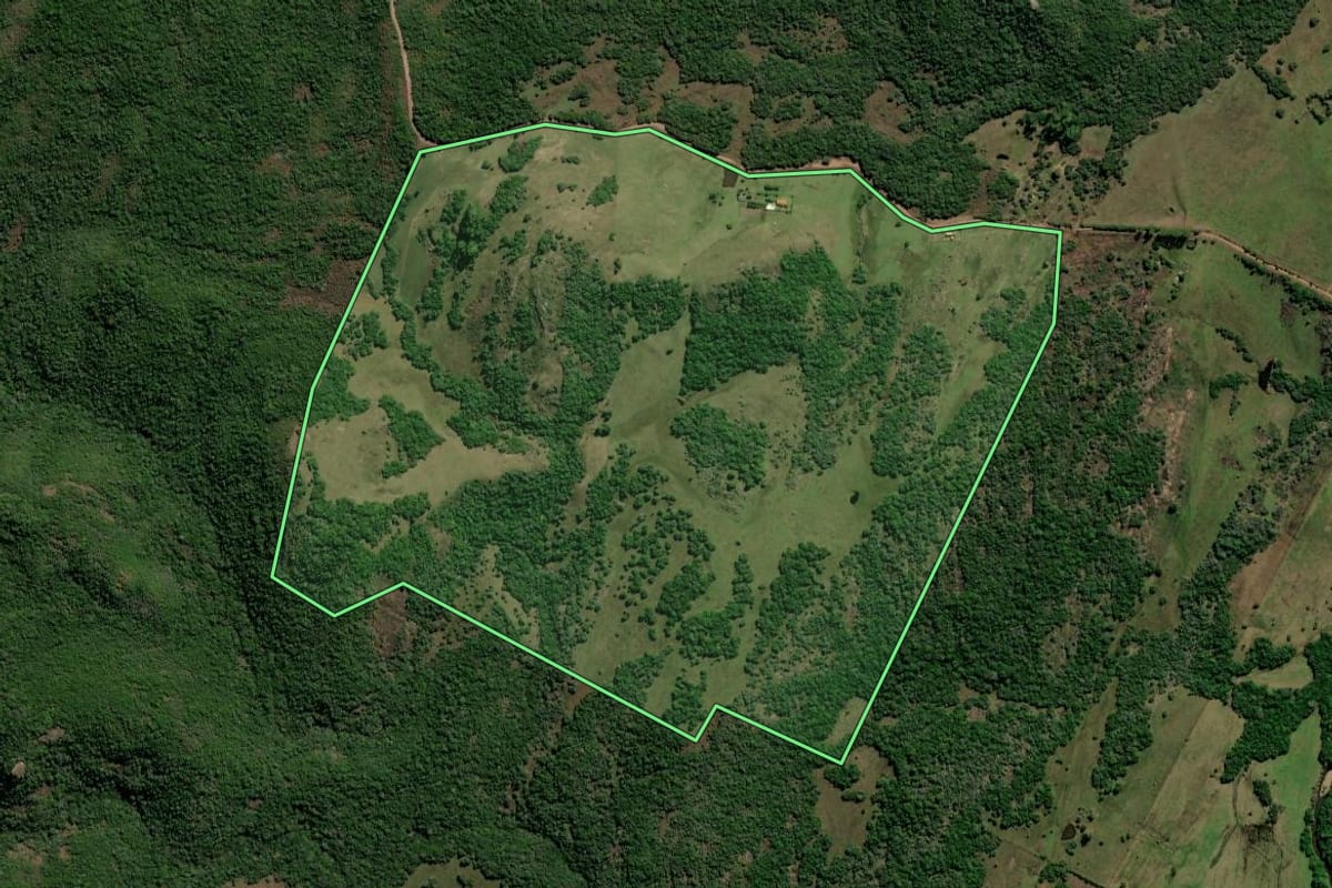 Imagem de satélite do imóvel rural em Caçapava do Sul (RS), com o contorno declarado no CAR desenhado por cima.