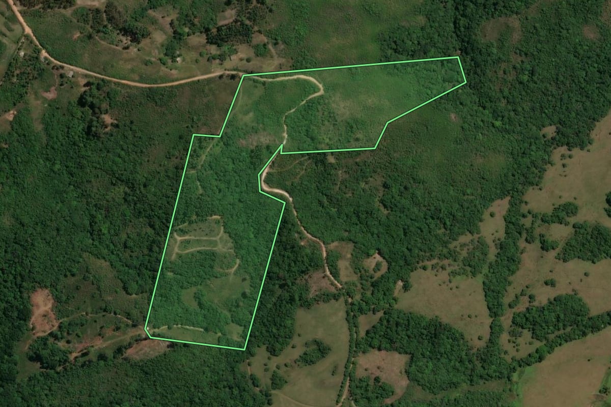 Imagem de satélite do imóvel rural em Caçapava do Sul (RS), com o contorno declarado no CAR desenhado por cima.